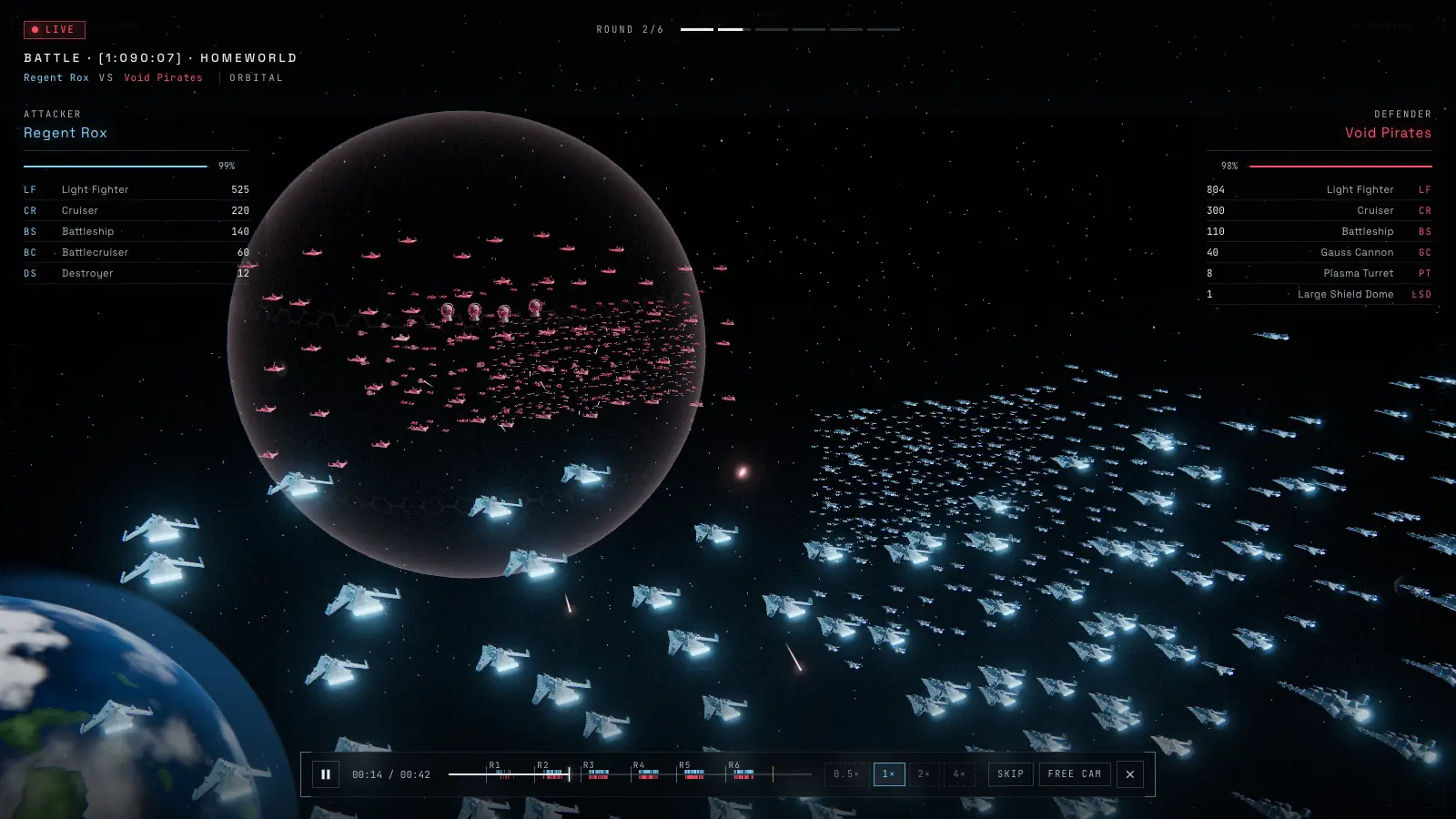 In-game: a live fleet battle in orbit, round 2 of 6. Cyan Manta-line ships against red pirates under a shield dome, with unit tallies on both sides.