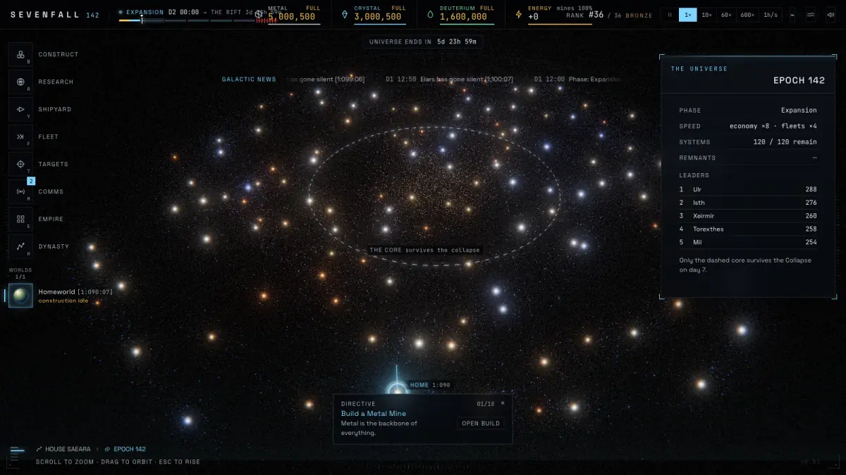 In-game: the galaxy view with its dashed core, a news ticker and the leaderboard of the universe.