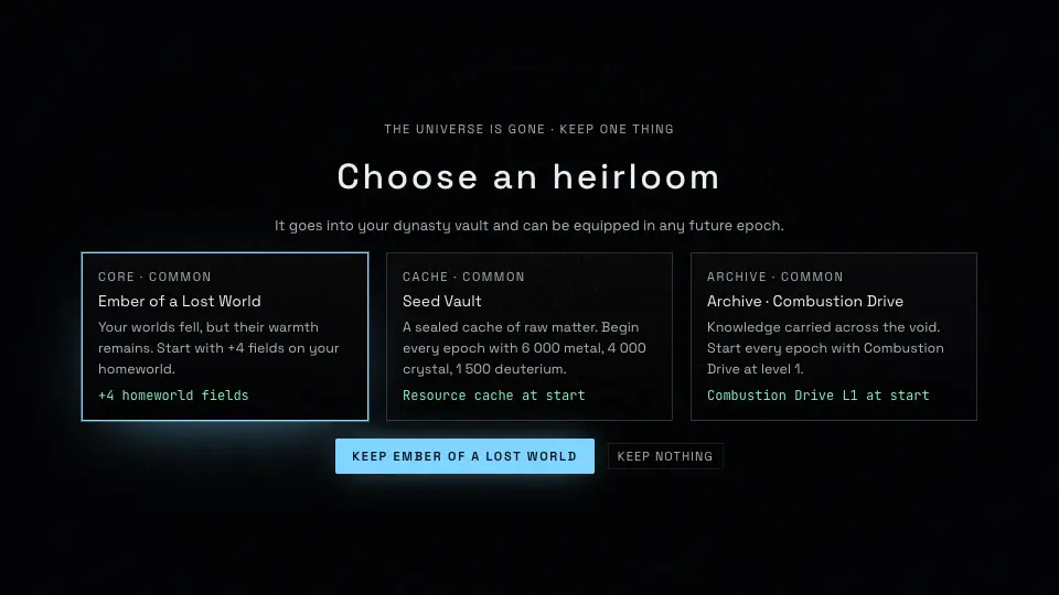 In-game: the heirloom choice after the Singularity, three cards: Ember of a Lost World, Seed Vault and Archive Combustion Drive.