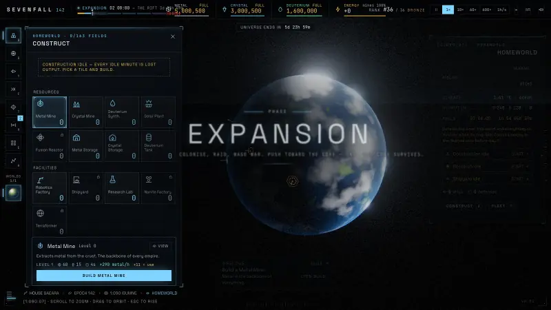 In-game: the Construct panel open over the homeworld, with resource and facility tiles.