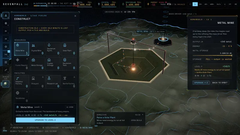 In-game: a metal mine on the planet's surface, a terraced hex pit with a drill and a maglev road, next to the Construct panel.